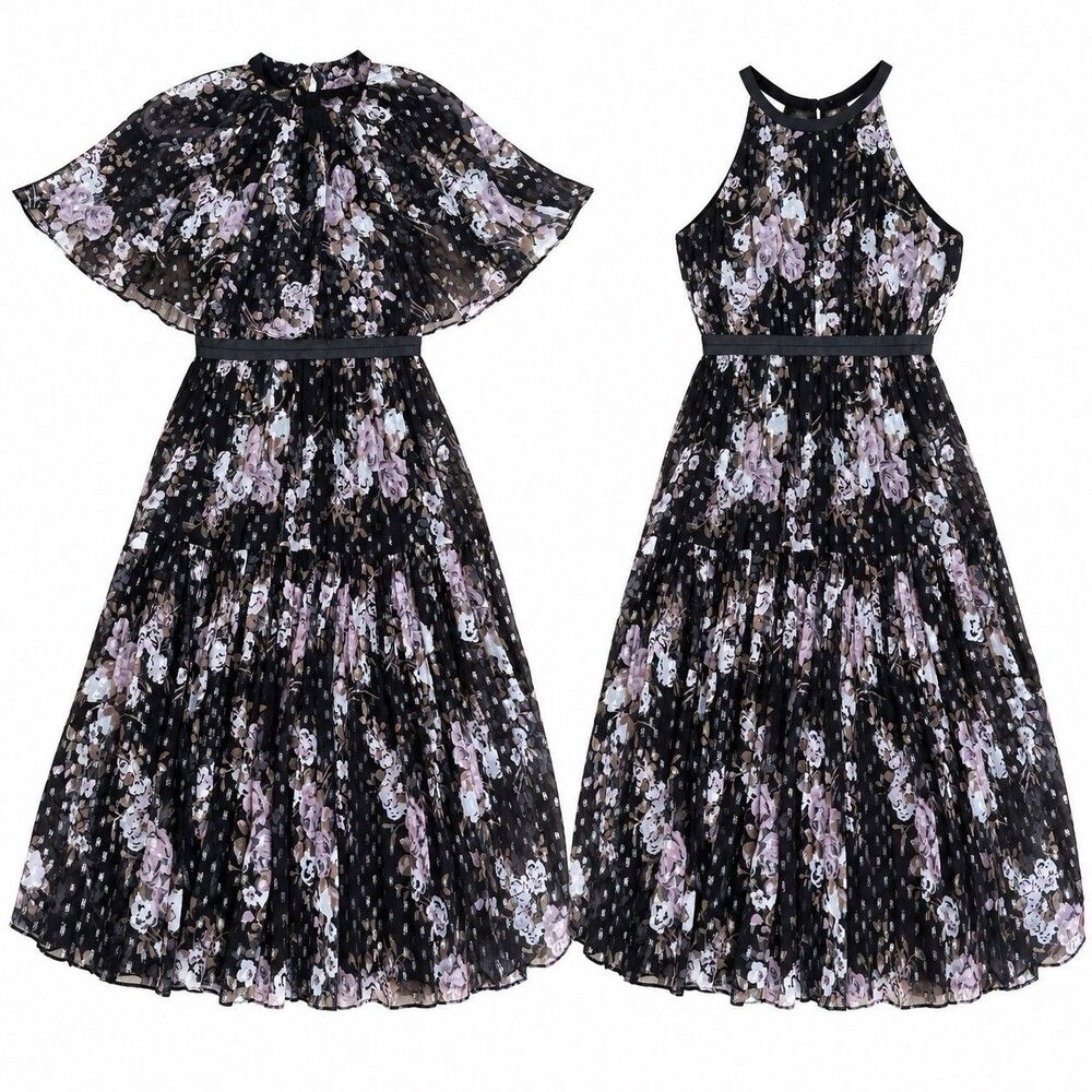 Needle & Thread Prairie Rose Dress US 2 Black Floral Metallic Midi w Capelet